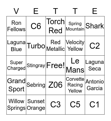Corvettes of San Diego Bingo Card