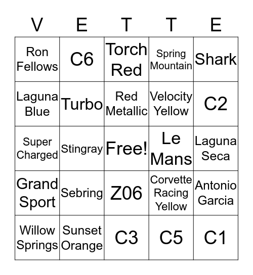 Corvettes of San Diego Bingo Card