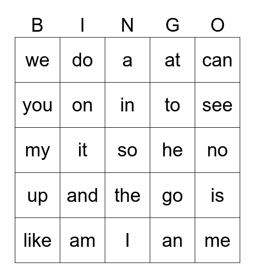 Sight words Bingo Card