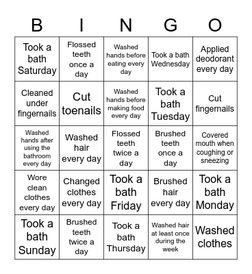 Hygiene Bingo Card