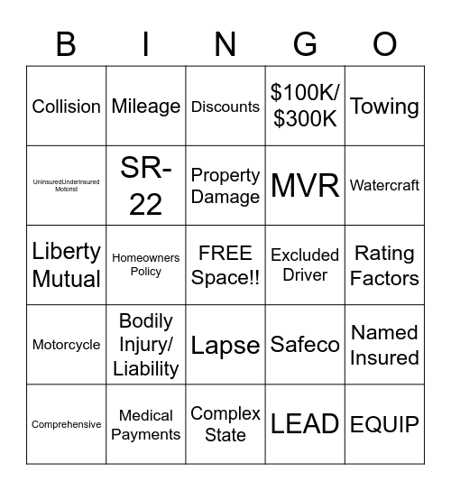 Auto Insurance Bingo Card