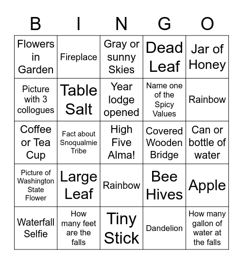 Nutrition Team Scavenger Hunt Bingo Card