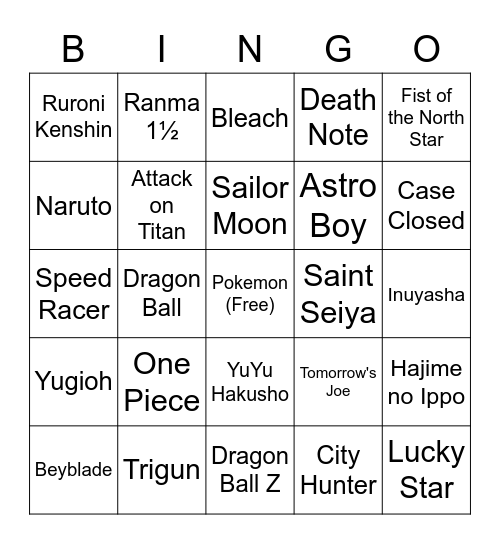 Katie Anime Taste Bingo Card