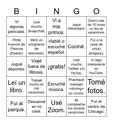 ¿Qué hiciste? Mis vacaciones de primavera Bingo Card