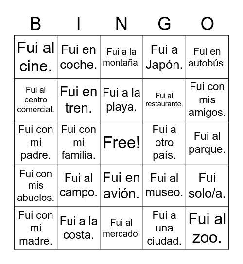 En mis vacaciones Bingo Card