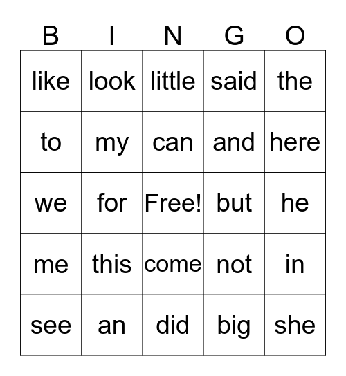 Kindergarten words to Book 20 Bingo Card