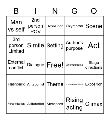 English Class Bingo Card