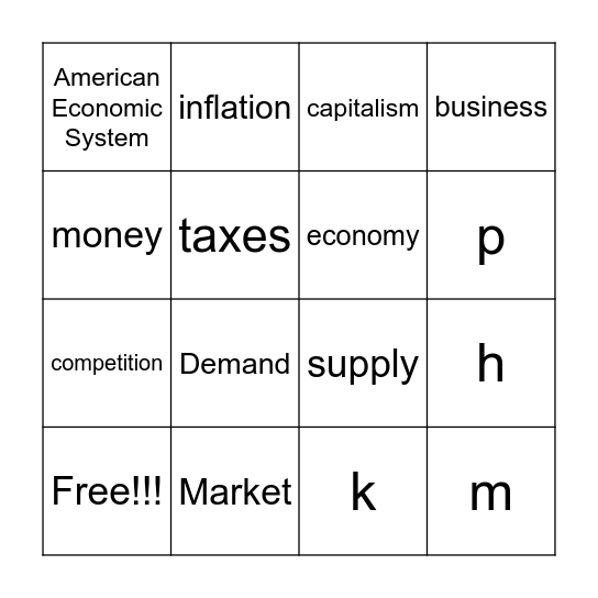 American Economic System Vocabulary Bingo Card