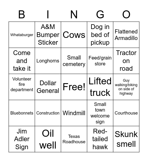 Texas Road-trip Bingo :) Bingo Card