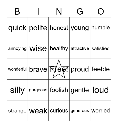 Adjectives Vocabualry - ESL Bingo Card