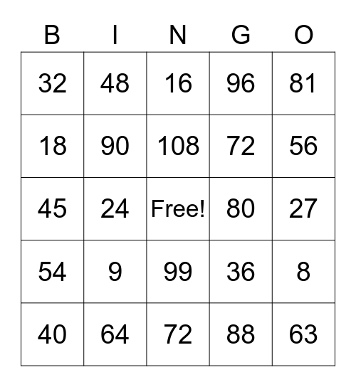 Multiplication Tables of 8 and 9 Bingo Card