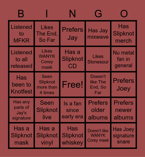 Slipknot bingo Card