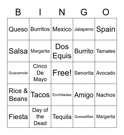 Cinco De Mayo Bingo Card