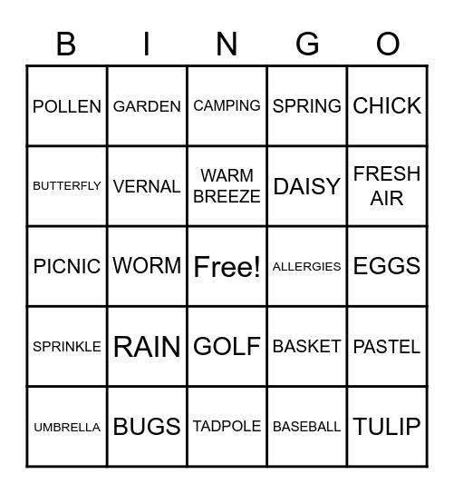 S   P   R   I   N   G   O Bingo Card