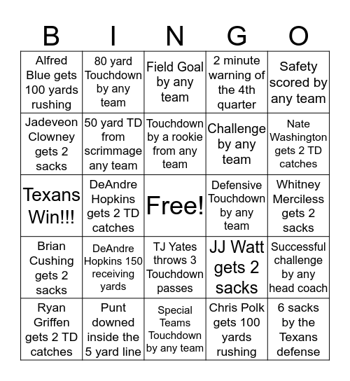 Texans vs. Titans Bingo Card