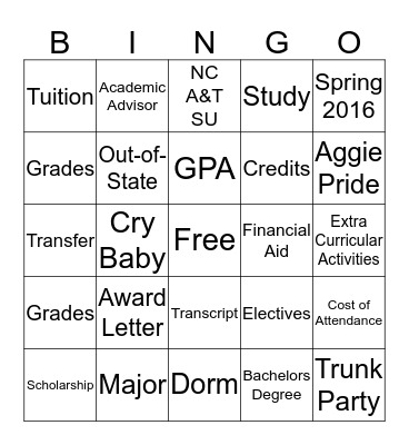 Go To College Bingo Card
