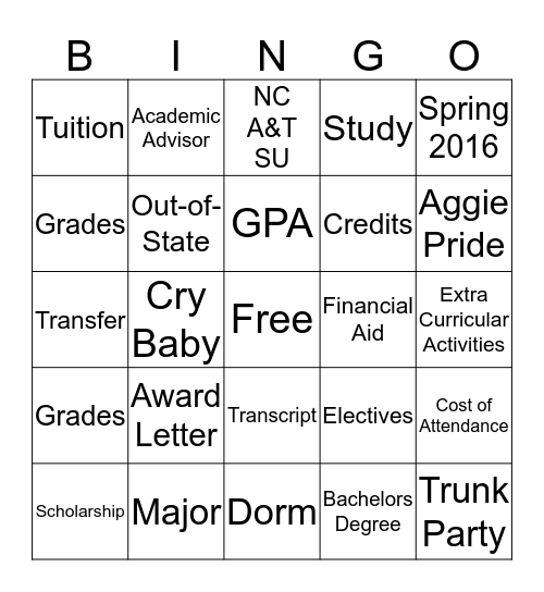 Go To College Bingo Card