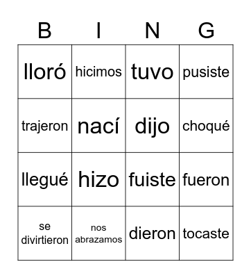 Spanish Preterite Bingo Card