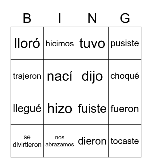 Spanish Preterite Bingo Card