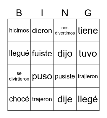 Spanish Preterite Bingo Card