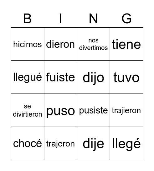 Spanish Preterite Bingo Card