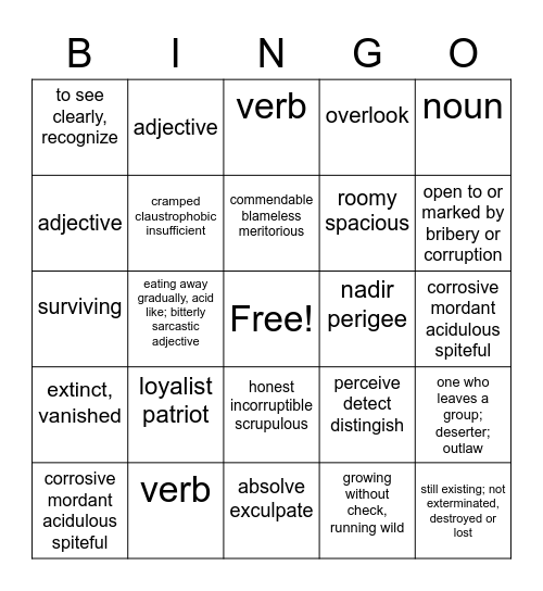 Vocabulary 11-12 Bingo Card