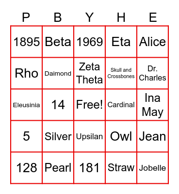 Chi Omega Bingo Card