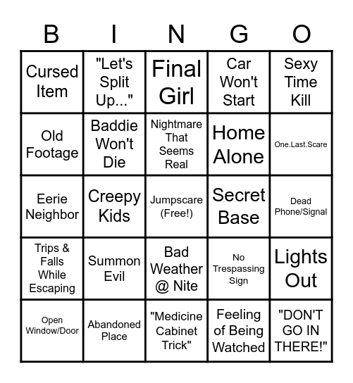 Horror Trope Bingo Card