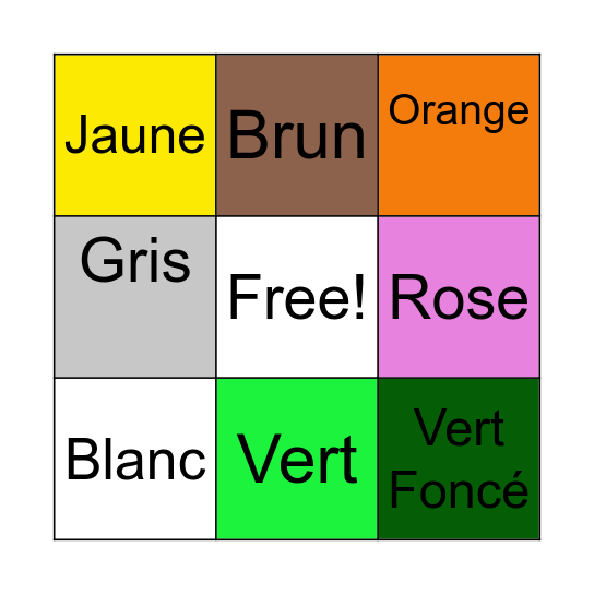 Les Couleurs Bingo Card