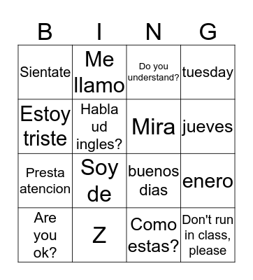 Spanish Bingo Card