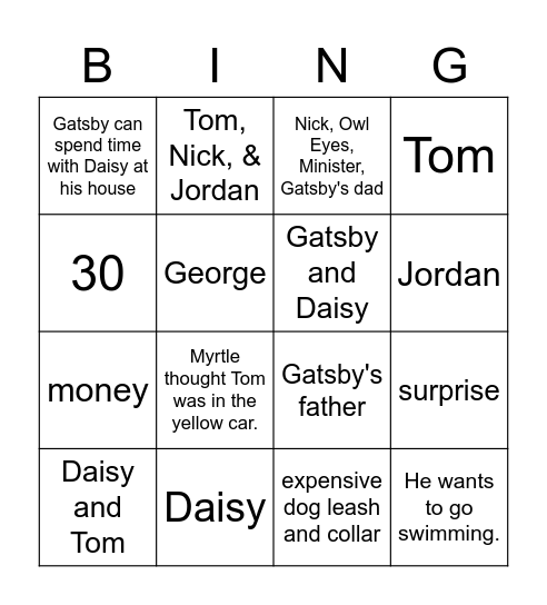 The Great Gatsby Ch. 7-9 Bingo Card