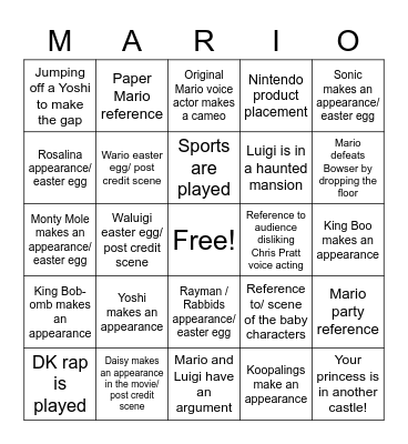 Mario Movie Bingo Card