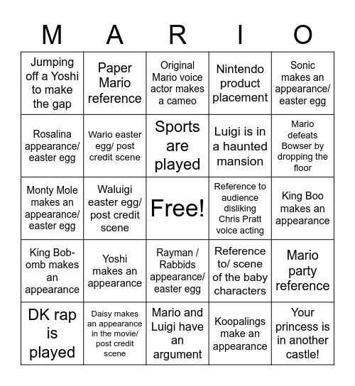 Mario Movie Bingo Card