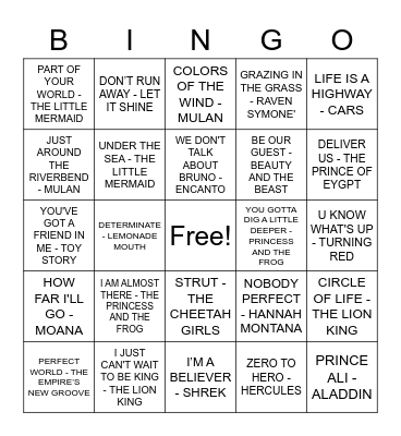 DISNEY MUSIC BINGO Card