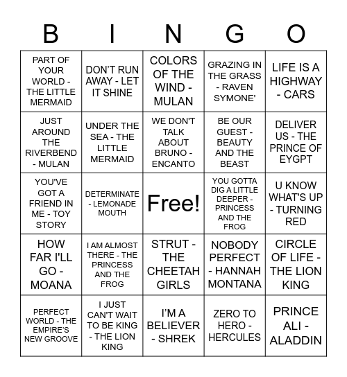 DISNEY MUSIC BINGO Card