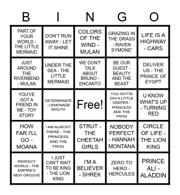DISNEY MUSIC BINGO Card