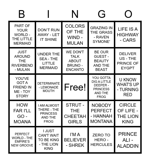 DISNEY MUSIC BINGO Card