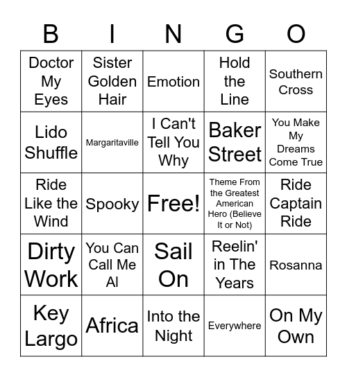 Yacht Rock Music Bingo Card