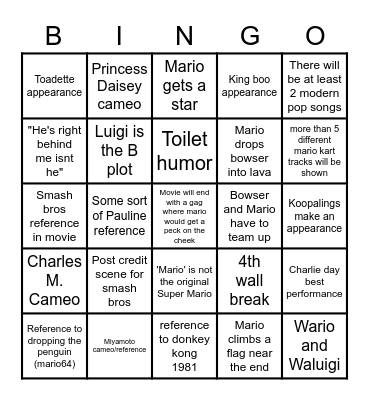 Mario Movie Bingo Card