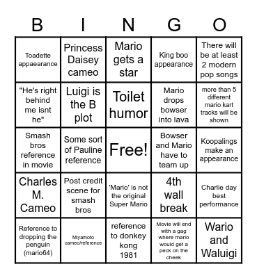 Mario Movie Bingo Card