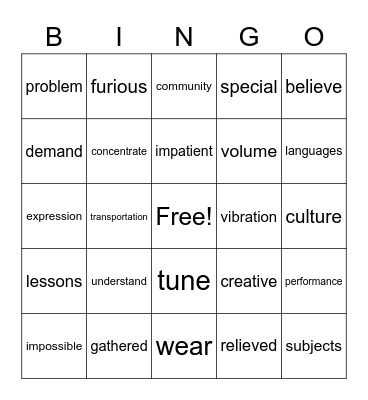 vocabulary review Bingo Card