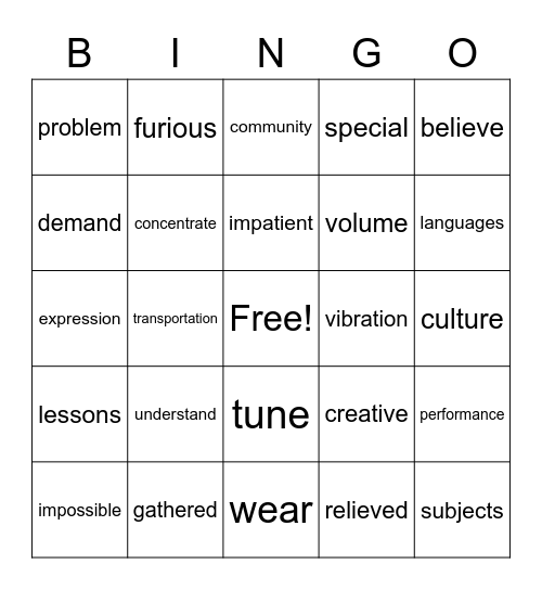 vocabulary review Bingo Card