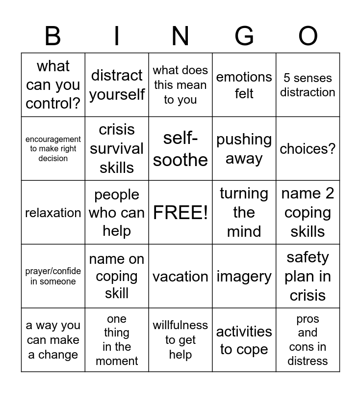 Distress Tolerance Skills Bingo Card