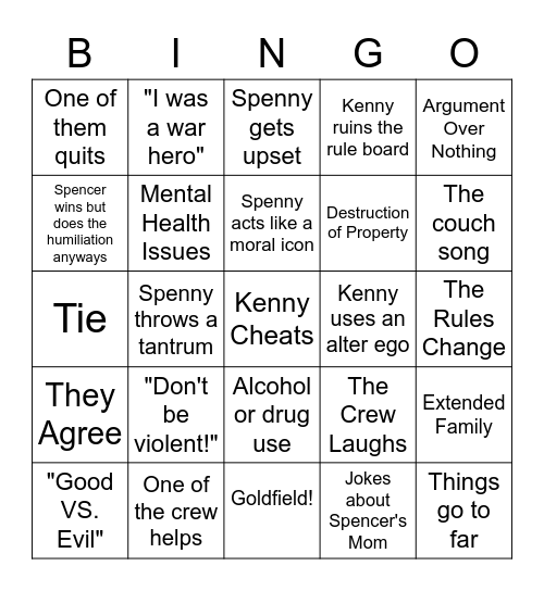 Kenny VS Spenny Bingo Card