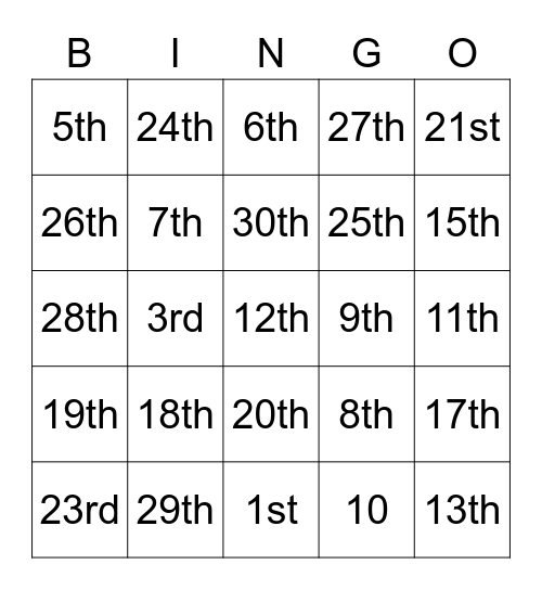 Ordinal Numbers Bingo Card