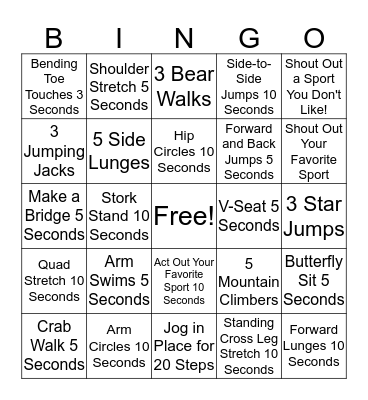 Fitness Bingo Card