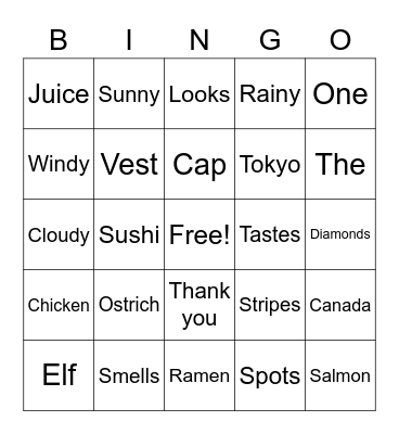 C5 Plus Book E Lesson 2 Bingo Card