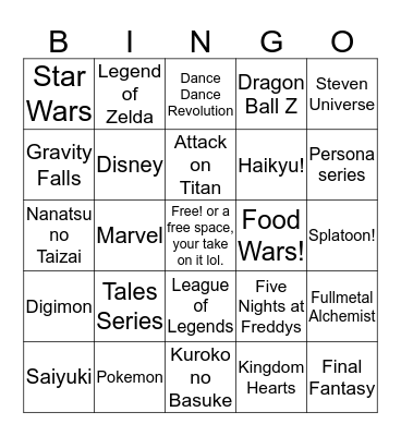 Chibi's fandom bingo card!  Bingo Card