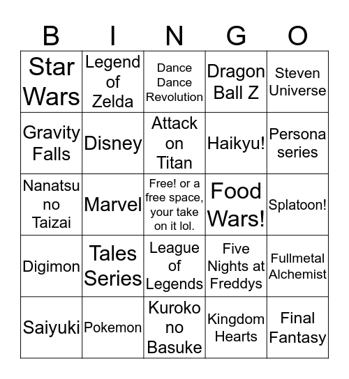 Chibi's fandom bingo card!  Bingo Card