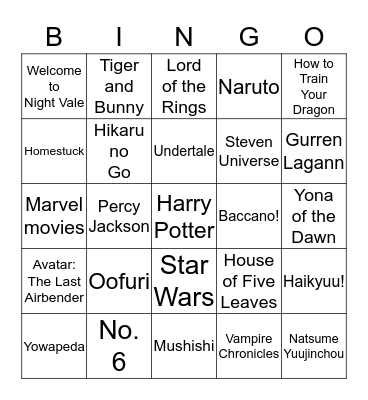 Ten's Fandom Bingo! Bingo Card